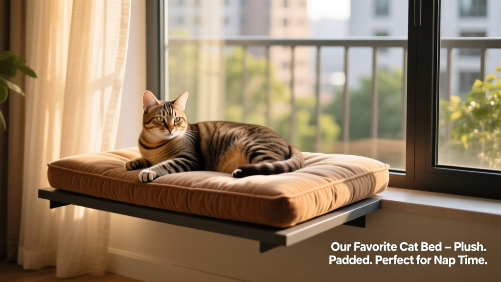 Cat lounging on a stylish, elevated window bed bathed in soft morning light