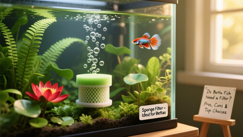 Close-up of a compact sponge filter gently bubbling in a planted betta tank, showing soft water movement and healthy plant growth
