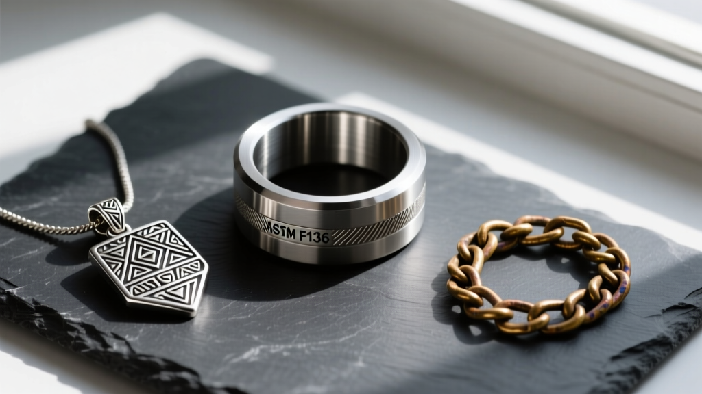 Flat lay comparing an ASTM F136 titanium collar, a 925 sterling silver Aztec pendant, and a brass chain on a dark slate surface.