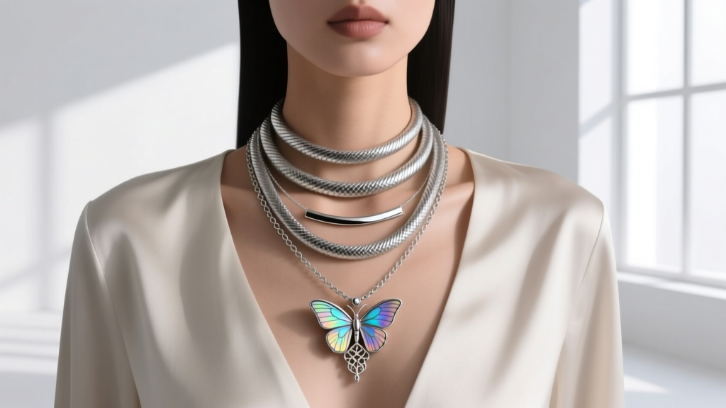 Model wearing a layered stack: 16-inch silver snake chain, 20-inch luna moth pendant, and 24-inch minimalist bar necklace.