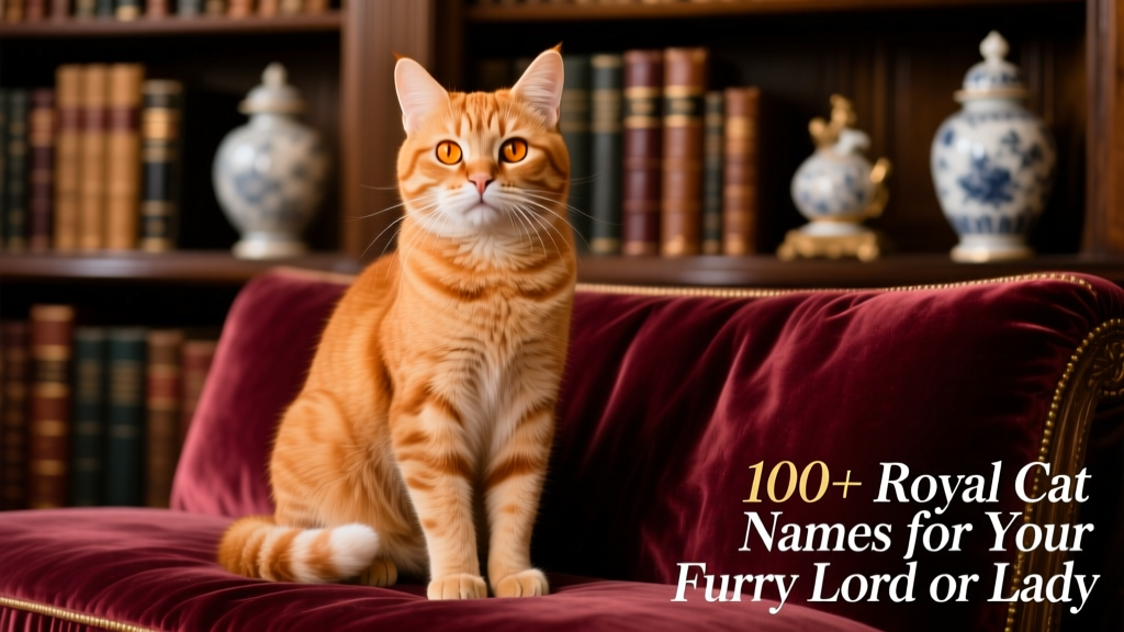 A confident ginger cat sitting upright on a velvet cushion, looking directly at the camera