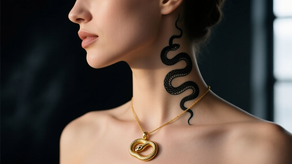 Woman with a subtle blackwork snake neck tattoo wearing a layered 14k gold ouroboros pendant, side profile against a dark moody background