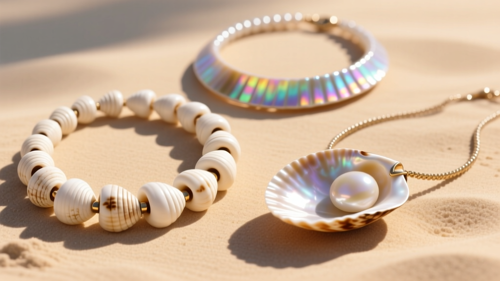 Flat lay of three chunky shell necklaces on sand: bleached puka, polished cowrie, and iridescent mother of pearl in sunlight