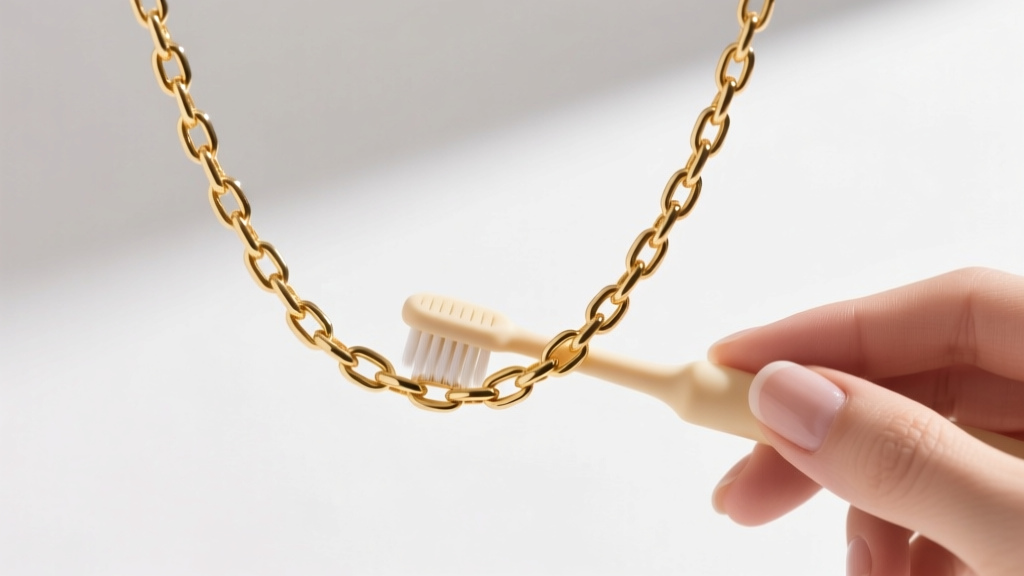 A hand holding an extra-soft baby toothbrush gently scrubbing the links of a delicate 18k gold figaro chain under bright light