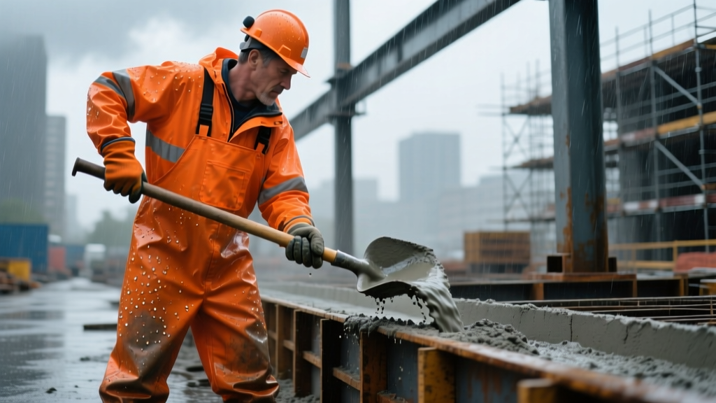 Construction worker wearing heavy-duty orange PVC-coated waterproof bibs and jacket while pouring concrete in heavy rain