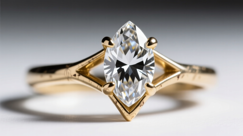 Macro shot of a worn 14k white gold V-prong holding a marquise diamond, revealing micro-fractures under bright bench lighting.