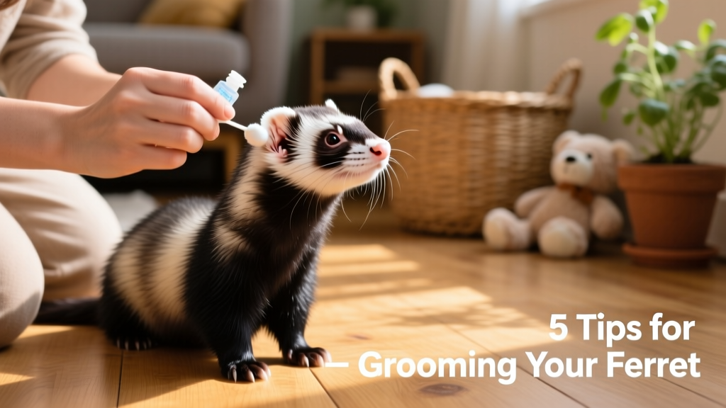 Ferret owner using a cotton swab and ear cleaning solution to gently clean a ferret's outer ear