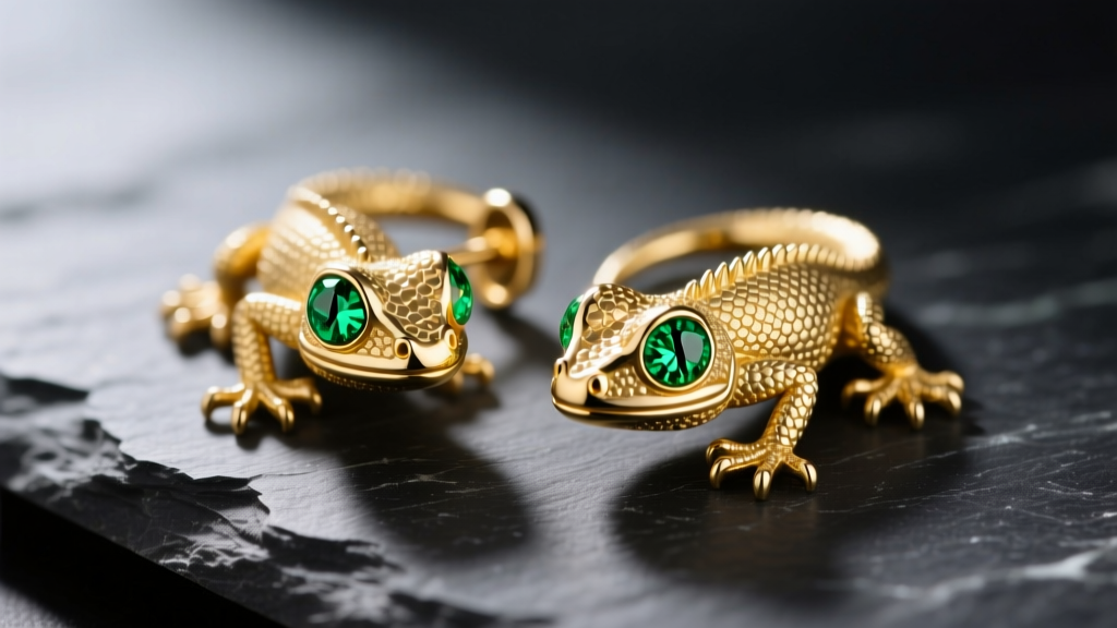 Close-up of 14k yellow gold gecko earrings with tsavorite eyes, resting on a dark slate surface with soft directional lighting