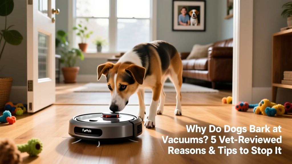 A curious dog cautiously sniffing a FurPetVo vacuum cleaner from a safe distance