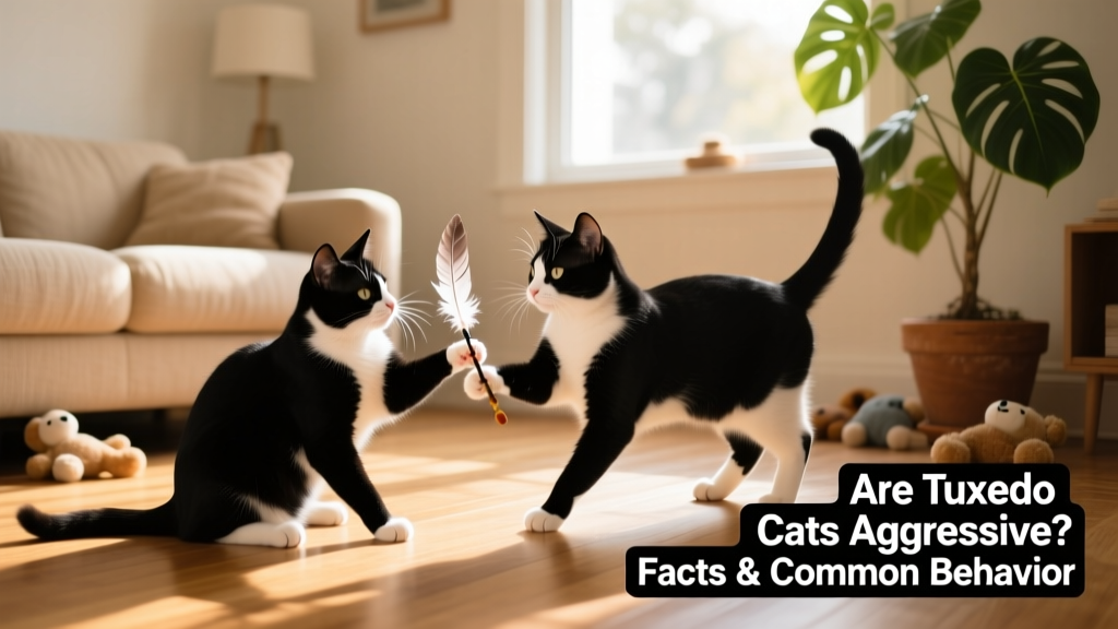 Two tuxedo cats playing gently together with toys, showing relaxed body language and mutual engagement