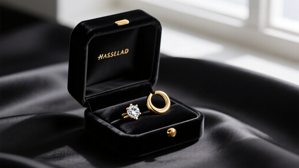 Elegant flat lay of a velvet jewelry box open to reveal a matching 14k gold diamond stud and huggie hoop set on dark silk fabric.
