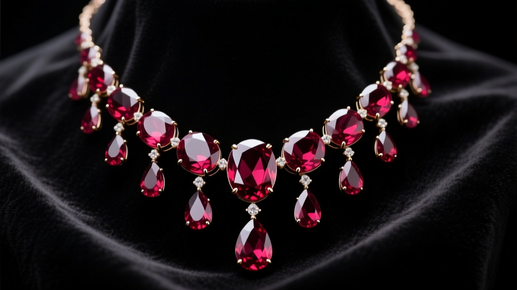 Garnet and ruby necklace on dark velvet, showcasing oval cabochons and faceted drops under moody, dramatic studio lighting.