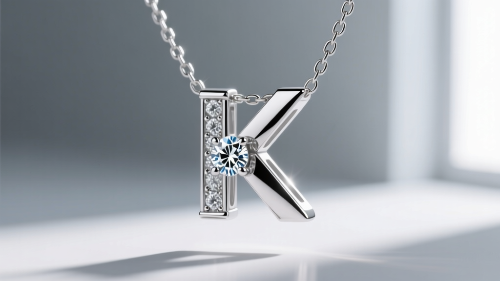 Close-up macro shot of a platinum bezel-set diamond K pendant on a 1.2mm box chain, showing the intricate diagonal arm joint
