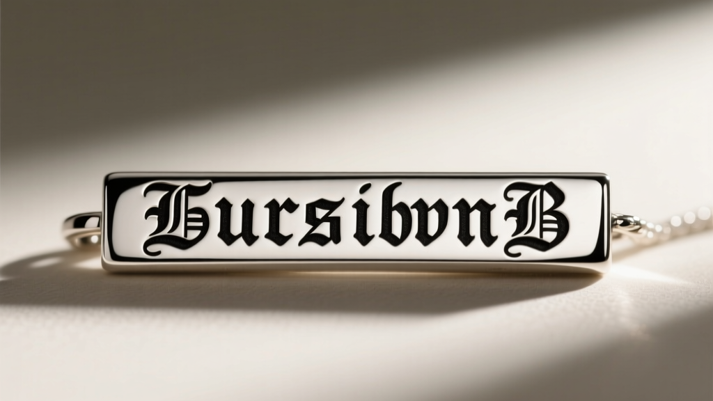 Macro shot of a 925 sterling silver bar pendant with deep rotary engraving, showing oxidized lettering against polished metal.