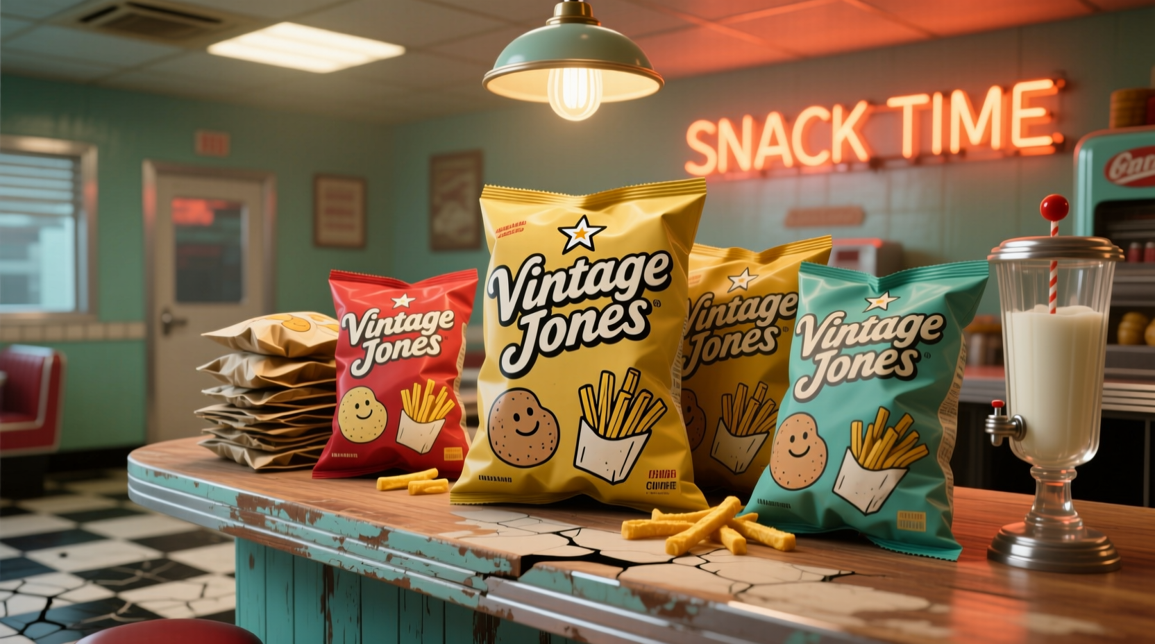 Vintage Jones Potato Chips packaging display