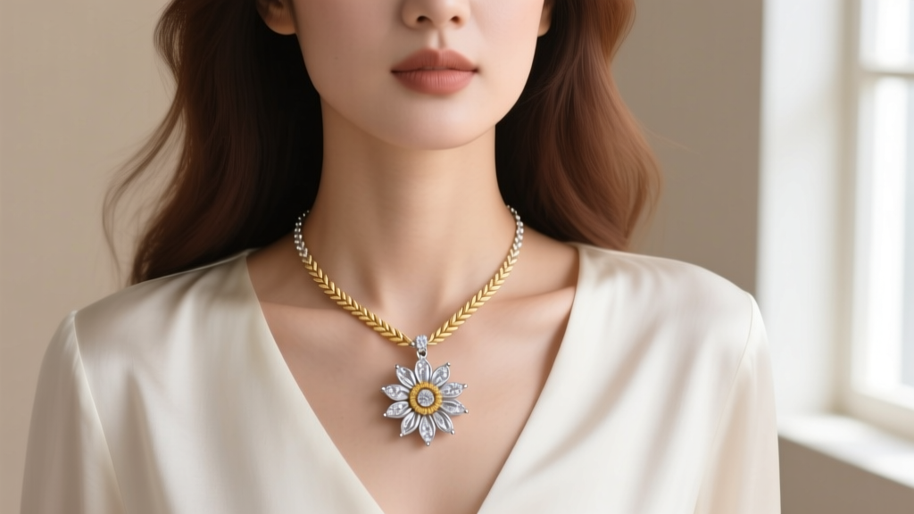 Woman wearing a platinum sunflower diamond pendant on a wheat chain, focusing on the hidden bail resting against her collarbone.