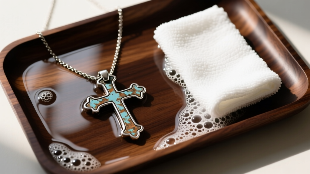 Overhead view of a cleaning station with soapy water, a cloth, and an oxidized silver cross necklace resting on a dark wooden tray.