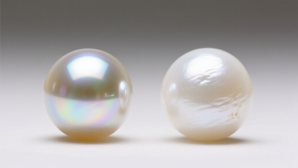 Macro shot comparing the sharp mirror-like luster of an Akoya pearl next to the softer, subdued glow of a white freshwater pearl.