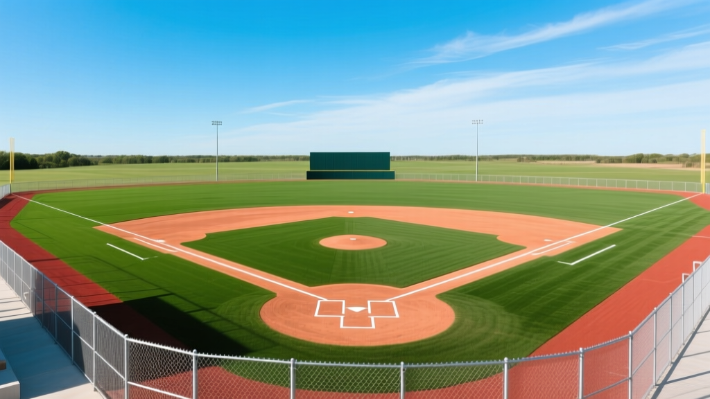 Aerial view of a newly constructed youth baseball field with pristine clay infield, vibrant turf outfield, and chain-link fencing under a clear sky