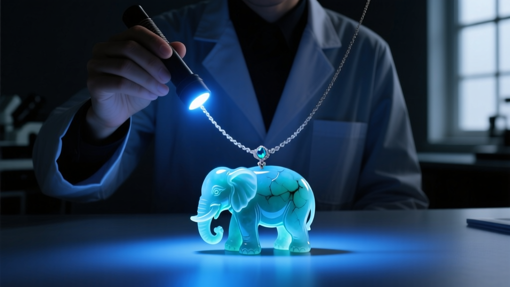 Gemologist shining a longwave UV flashlight on a carved jade elephant necklace, revealing chalky blue fluorescence in a dark room