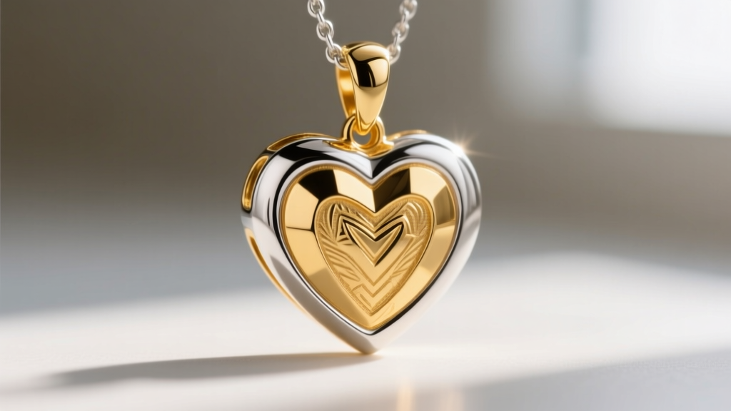 Macro shot of a 14k yellow gold and 925 sterling silver heart pendant, showing contrasting warm and cool metal reflections.