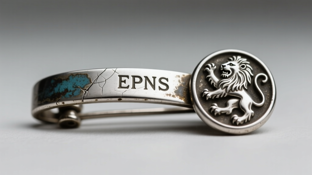 Close up of a tarnished silver vintage brooch clasp showing an EPNS stamp next to a worn lion hallmark under bright even lighting