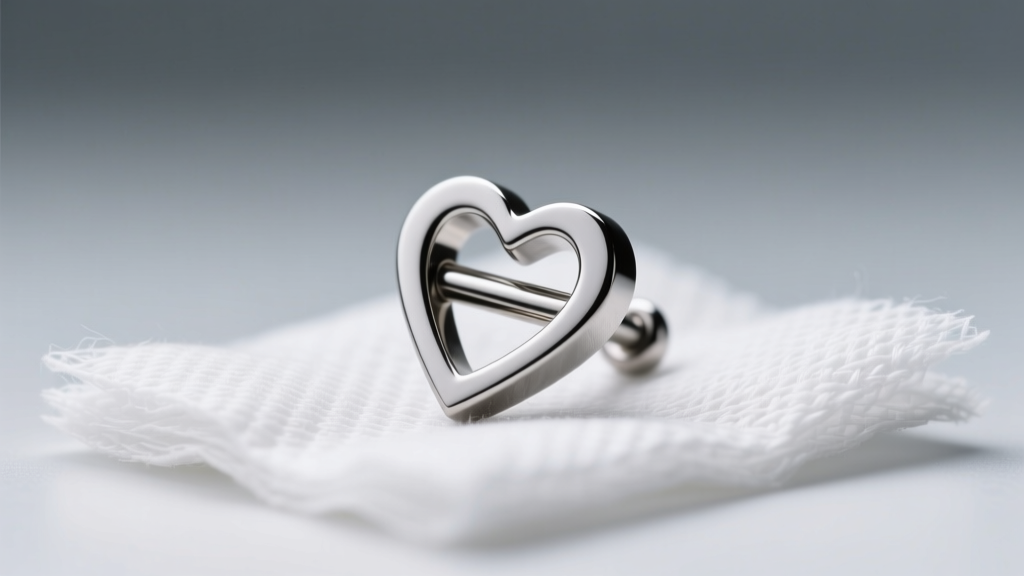 Close-up of a 16-gauge titanium daith piercing heart clicker resting on sterile gauze under bright, clean clinical lighting.
