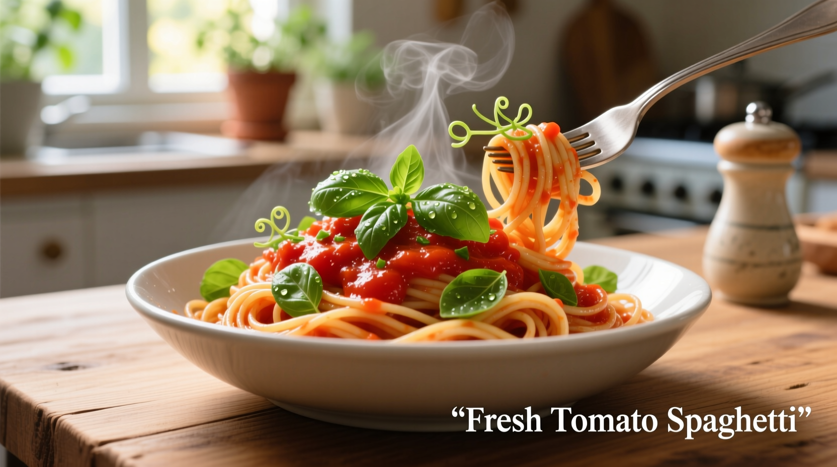 Fresh tomato spaghetti with basil garnish