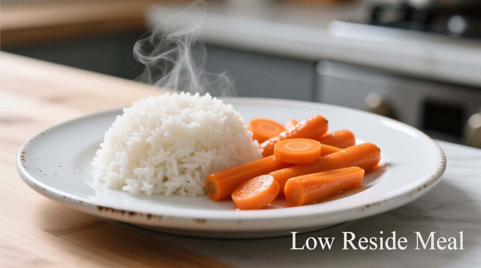 Low residue food meal plate with white rice and cooked carrots