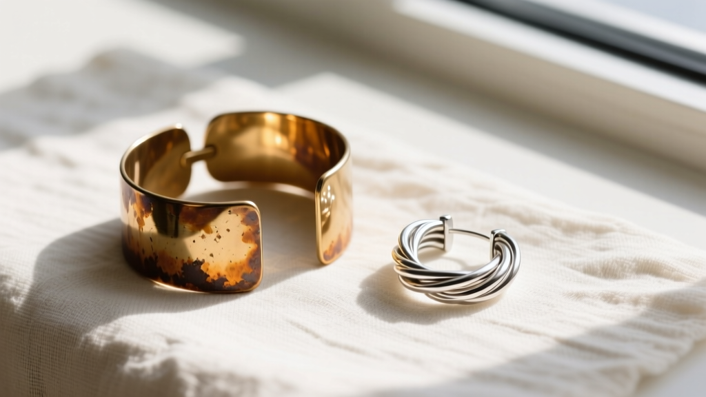 Flat lay comparing a tarnished brass plated ear wrap beside a polished solid argentium silver wire-wrapped earring on linen cloth