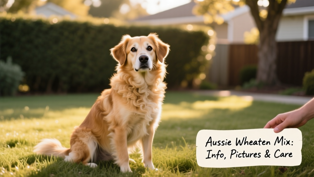 A friendly, medium-sized mixed-breed dog with wavy golden-beige coat, sitting outdoors on grass
