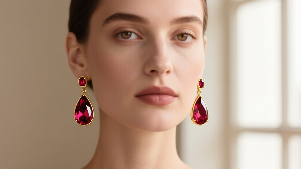 Close-up of a woman wearing 18k gold dangle red earrings with pear-shaped rubies, soft lighting highlighting the faceted stones