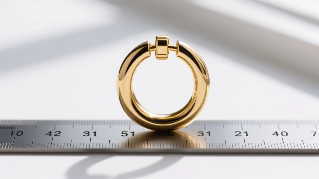 Close-up of an 8mm gold huggie hoop on a millimeter ruler, soft lighting highlighting the polished metal and clasp.