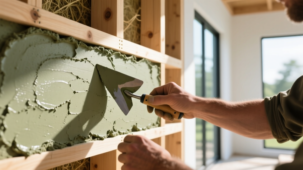 Trowel smoothing wet hempcrete mixture against a timber frame wall in a bright, modern eco-home construction site