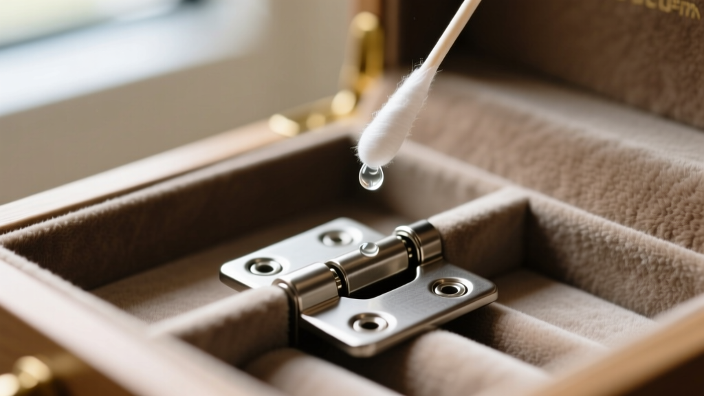 Macro shot of a zinc-alloy hinge on a fabric-lined jewelry drawer, with a cotton swab applying a drop of clear PTFE dry lubricant.