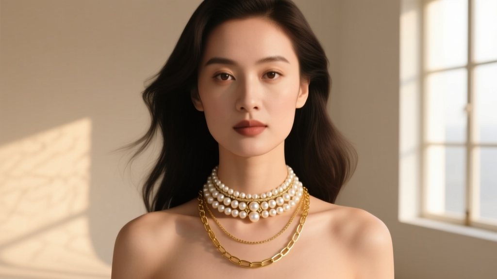 Woman wearing a layered stack with a vintage Richelieu pearl choker and modern gold chain, bathed in soft, diffused natural light.