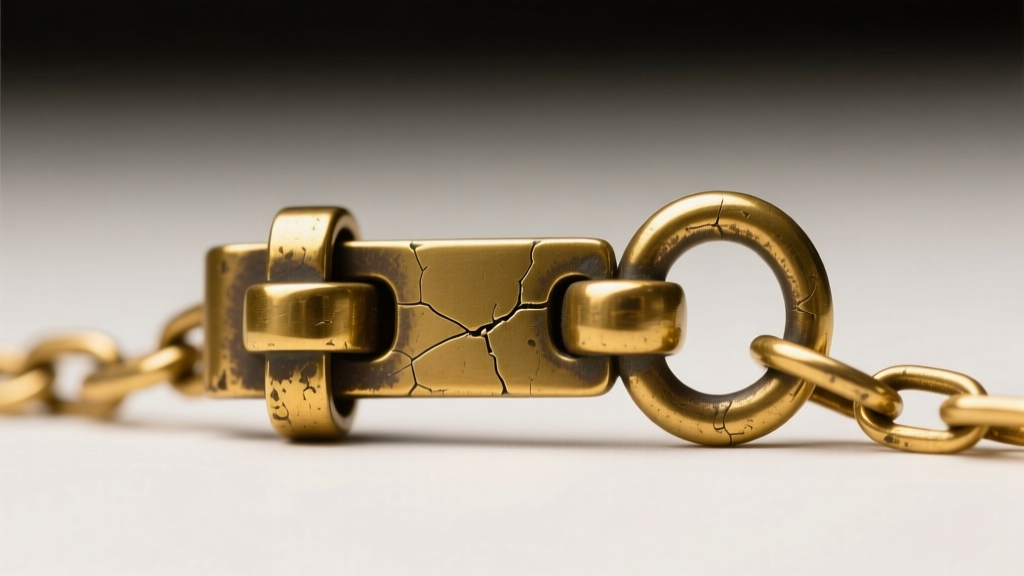 Macro shot of an antique barrel clasp on a delicate gold chain, showing visible thinning and stress fractures near the jump ring