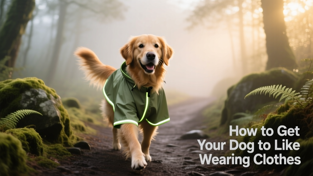 A dog happily wearing a lightweight, breathable rain shell while walking on a misty trail, tail wagging and ears perked