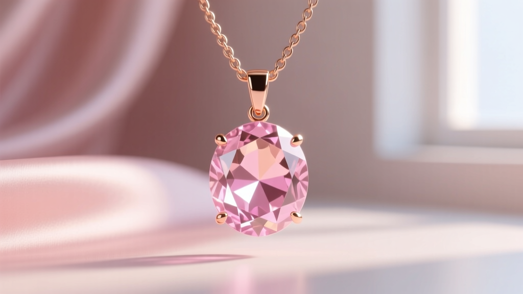 Macro shot of faceted morganite pendant on 14k rose gold vermeil chain, catching soft light against a blush silk background.
