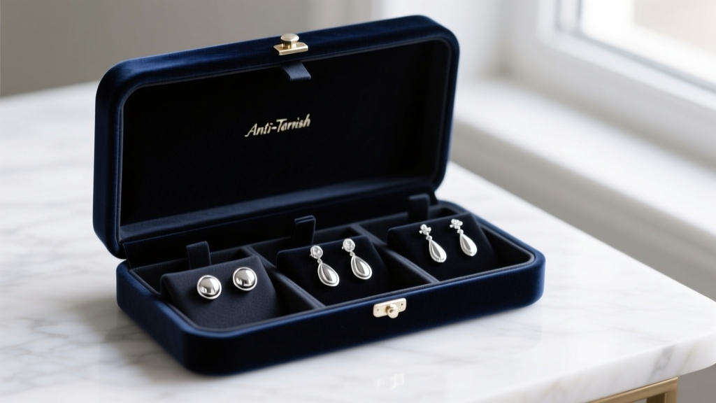 Open anti-tarnish velvet jewelry box holding polished silver stud earrings and drop earrings in individual dark fabric slots.