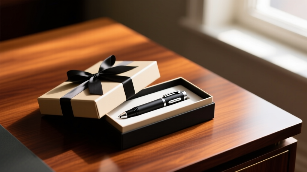 Beautifully wrapped gift box on a mahogany desk, slightly open to reveal a sleek, discreet spy audio pen gadget inside.