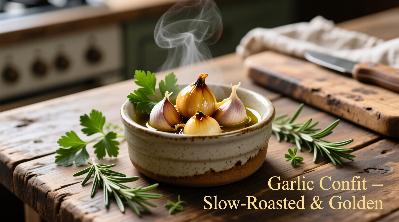 Garlic confit in small ceramic ramekin with fresh herbs