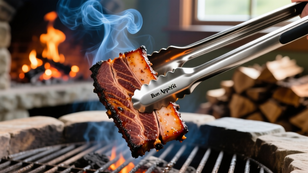 Close-up of heavy-duty 304 stainless steel BBQ tongs gripping a thick smoked brisket on a charcoal grill with glowing embers and blue smoke