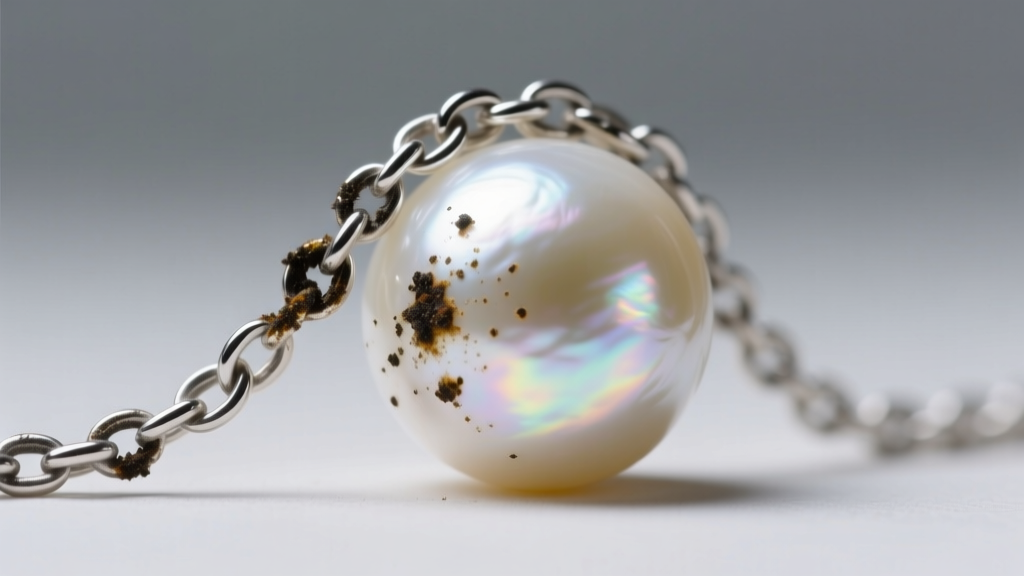Macro shot showing dark tarnish transfer from a sterling silver chain onto the porous nacre surface of a round white pearl.
