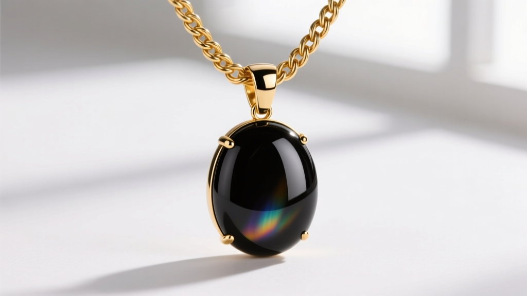 Macro photography of a 1.2mm 14k solid gold rope chain connecting to a secure lobster clasp on a polished obsidian pendant.