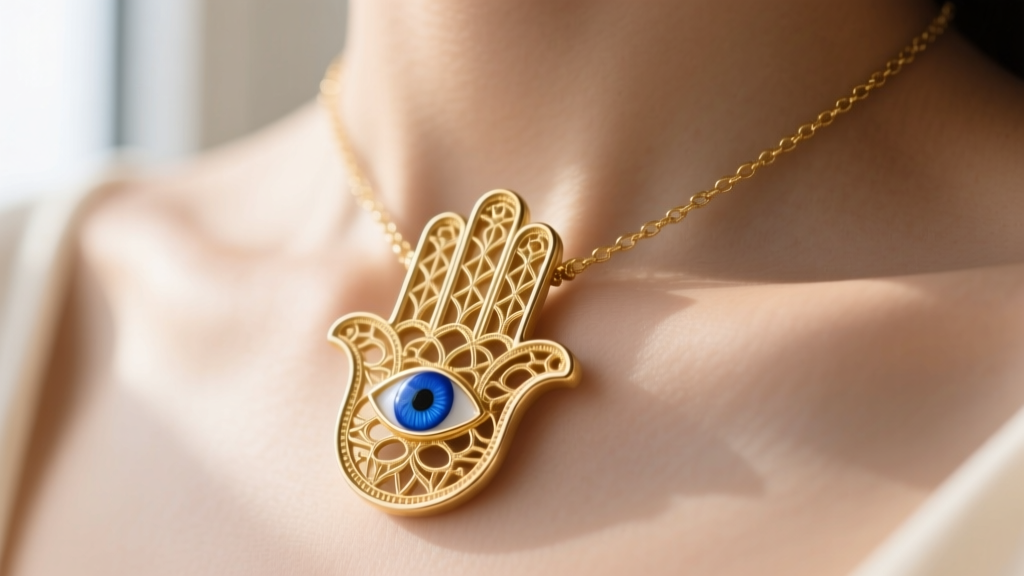 Macro shot of a gold Hamsa hand necklace on a collarbone, highlighting intricate filigree and a vivid blue enamel evil eye accent.