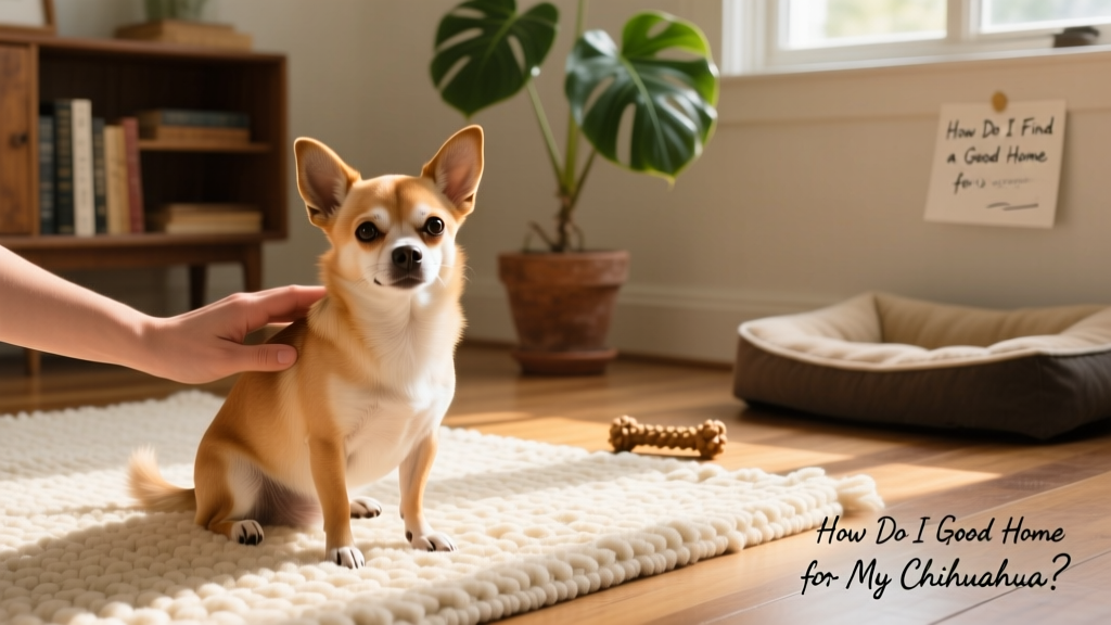 A gentle hand stroking a calm Chihuahua sitting on a cozy rug