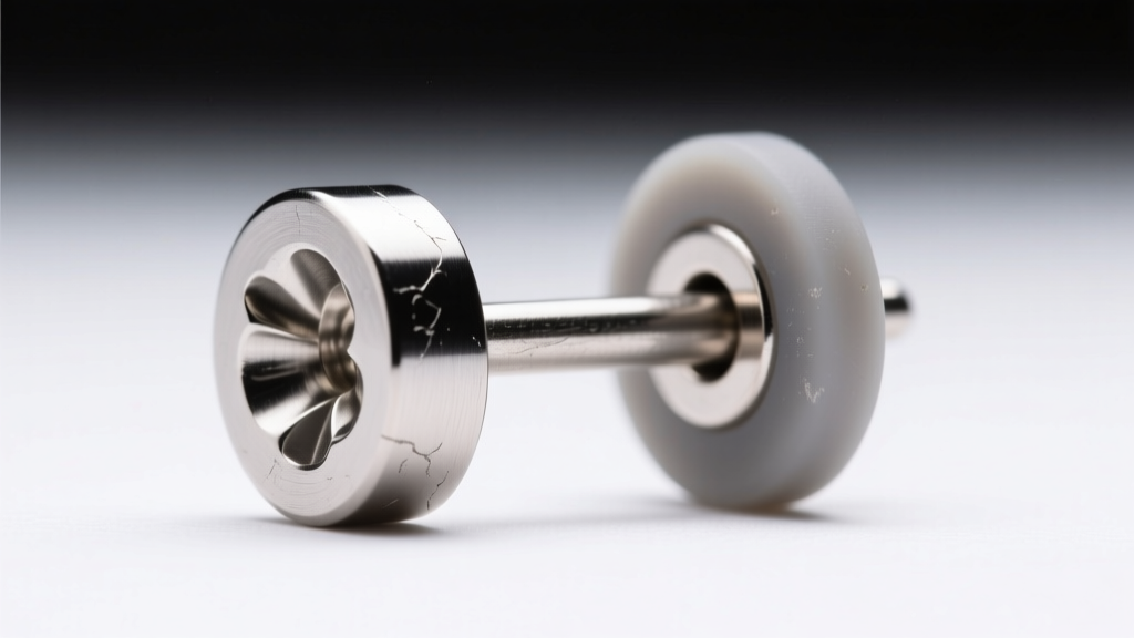 Macro close-up of a 20-gauge titanium stud earring post with a tight silicone friction back under bright studio lighting.