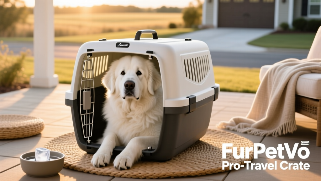 A large white dog sitting comfortably inside a FurPetVo travel crate
