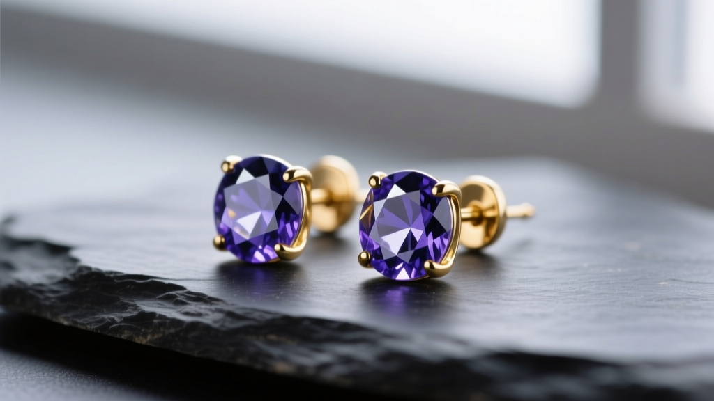 Macro shot of 18k gold stud earrings with faceted iolite gems in a deep blueberry purple hue resting on dark textured slate
